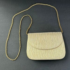 Vtg Gold Metallic Clutch Purse Handbag w/Beaded Shoulder Strap Option